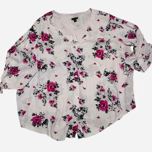 Torrid White Blouse with Skulls & Floral Print Cinch Sleeves Size 3